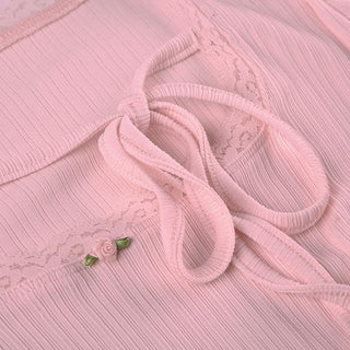 U neck long sleeve lace hem self tie crop top