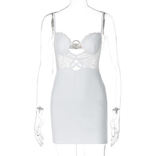 O ring lace ruched button backless cami mini dress