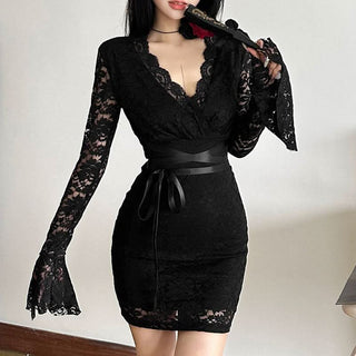 Long flared sleeve v neck lace self tie mini dress