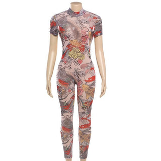 Short sleeve button print backless sheer mesh jumpsuit