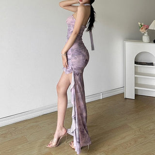 Tie dye ruched ruffle tube midi dress