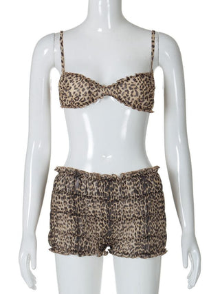 Leopard print ruffle ruched crop chiffon cami pant set