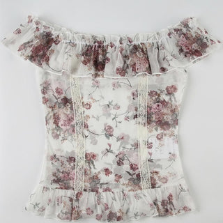Off shoulder ruffle mesh flower print top