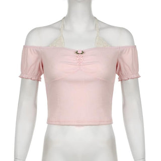 Short puff sleeve off shoulder halter ribbed top