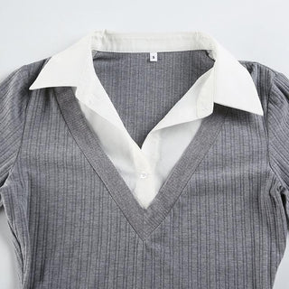 Turnover collar long sleeve ribbed belt top