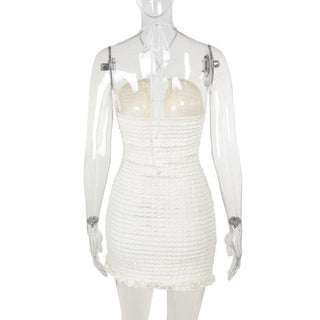 Halter textured ruffle lace hem solid mini dress