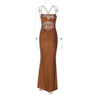 Hollow out ruched cross back cami cut out maxi dress