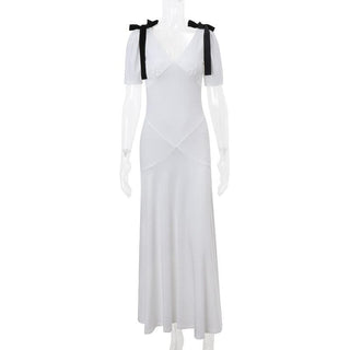 Short puff sleeve bowknot v neck maxi dress
