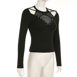 Long sleeve cross front hollow out fishnet patchwork cut out top