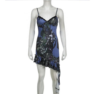 Lace hem v neck print backless cami mini dress