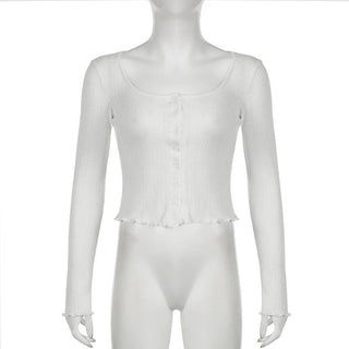 Long sleeve u neck button textured top