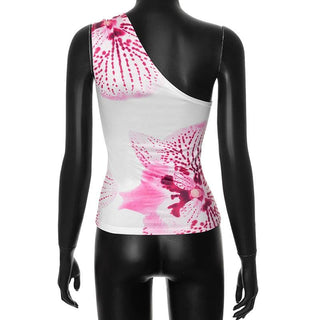 One shoulder ruched print backless top