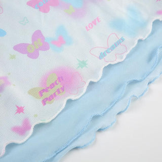 Bowknot butterfly print mesh ruffle cami top
