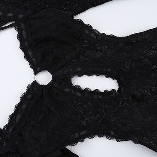 Long sleeve halter self tie lace hollow out romper