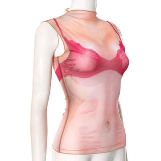 Crewneck sheer mesh print sleeveless contrast top