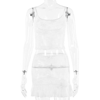 U neck lace solid see through bowknot cami mini skirt set