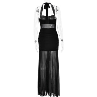 Halter patchwork mesh ruched ruffle maxi dress