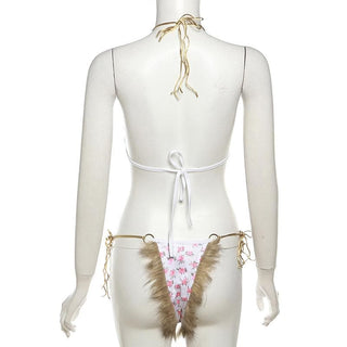 Halter o ring flower print fluffy self tie pant set