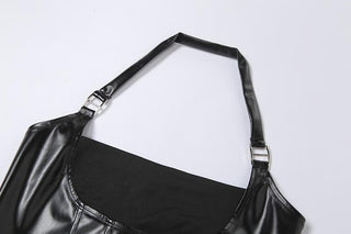 Halter PU leather buckle zip-up stitch solid top
