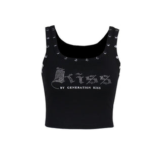 Letter pattern beaded u neck tank top