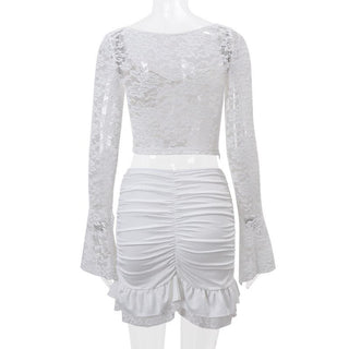 Long flared sleeve sweetheart neck lace ruched ruffle mini skirt set