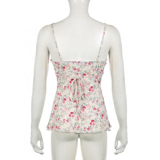 Print v neck lace hem ruffle knotted cami top