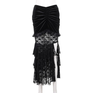 Velvet lace ruched slit midi skirt