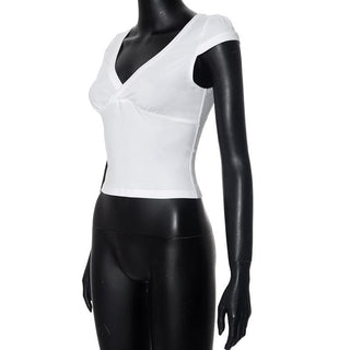 Cap sleeve v neck ruched solid top