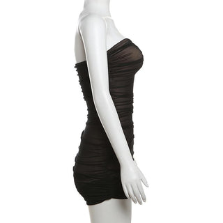 Ruched mesh patchwork solid tube mini dress