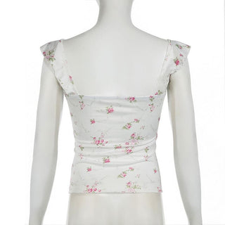 Lace hem bowknot ruched flower print cami top