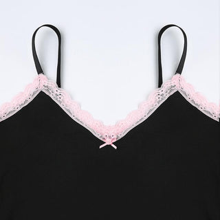 Bowknot lace hem u neck contrast backless cami bodysuit
