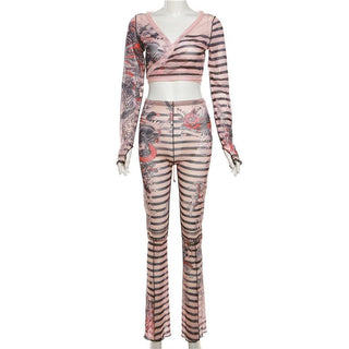 Sheer mesh striped contrast long sleeve self tie pant set
