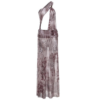 One shoulder irregular hollow out high slit print cut out maxi dress