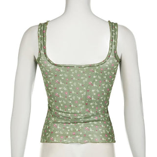 Square neck ruffle sheer mesh flower print tan tank top