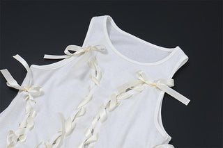 Sleeveless round neck lace up hollow out ribbed crop cut out top