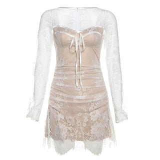 Long sleeve lace zip-up ruched mini dress