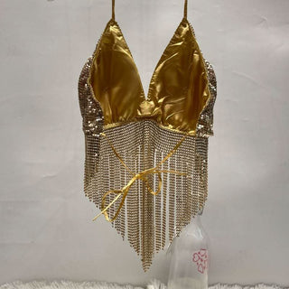V neck halter self tie tassels glitter top