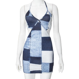 Halter patchwork denim hollow out cut out mini dress