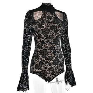 High neck long sleeve hollow out lace bodysuit