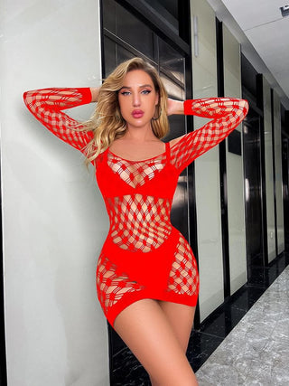 Long sleeve off shoulder hollow out fishnet cut out mini dress