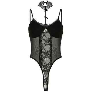 Halter lace bowknot mesh cami bodysuit