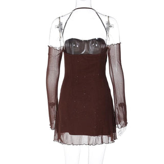 Long sleeve halter mesh glitter off shoulder mini dress