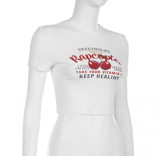 Short sleeve cherry print ribbed crop top