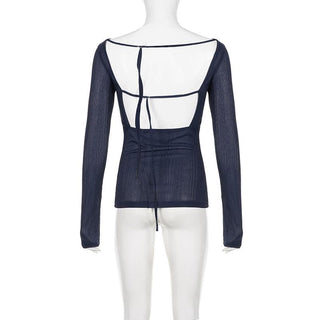 Self tie backless round neck long sleeve textured top