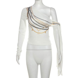 One shoulder long sleeve metal chain print top