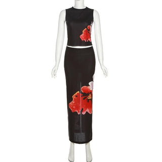 Sheer mesh see through slit flower pattern contrast sleeveless midi skirt set
