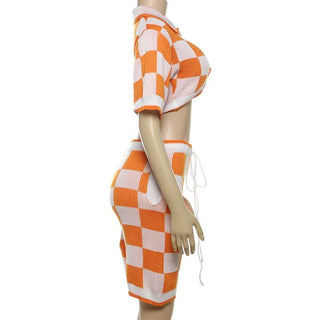 Turnover collar button drawstring plaid knitted pant set