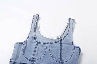 Denim square neck zip-up sleeveless tank top