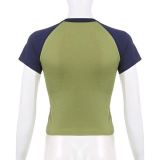 Patchwork contrast short sleeve crewneck "moody" pattern crop top