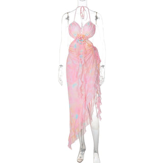 Halter flower applique ruffle backless slit maxi dress